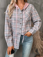 Chaqueta de mujer con capucha, botones y mangas largas a cuadros, prenda acogedora y elegante de mezcla de algodón