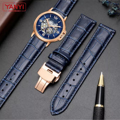 ⌚✨ Genuine Leather Dark Blue Watch Strap with Butterfly Clasp ✨⌚