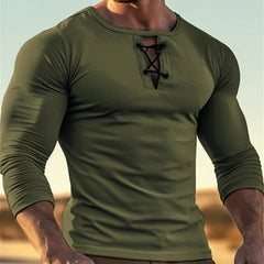 Top de manga larga para hombre, de cuello redondo, color liso y con botones