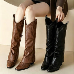 Retro Pointed-Toe Rivet Plus-Size Western Boots