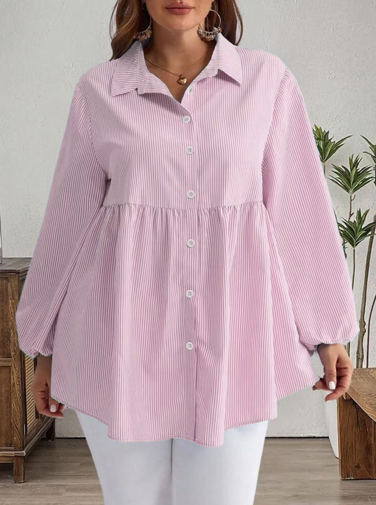 Chemise décontractée rayée, coupe ample, à manches longues et col à revers