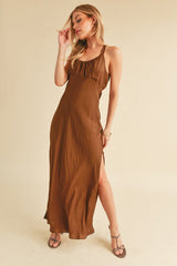 Ruched Side Slit Cutout Back Maxi Cami Dress For Summer–Elegant, Alluring & Sophisticated with Stunning Design