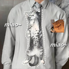 Chemise imprimée sans vie mais adorable, col avec cravate à motif de chat