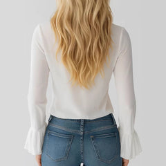 Blouse élégante à la française, unie, à col en V, à volants et manches bouffantes