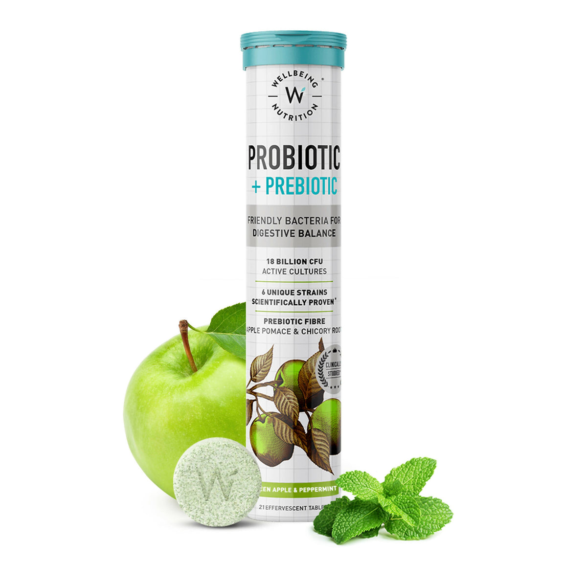 Wellbeing Nutrition Probiotiques + prébiotiques - Comprimés effervescents, arôme pomme verte et menthe