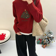 Pull thermique pour femme avec imprimé sapin de Noël et empiècements en dentelle, style preppy