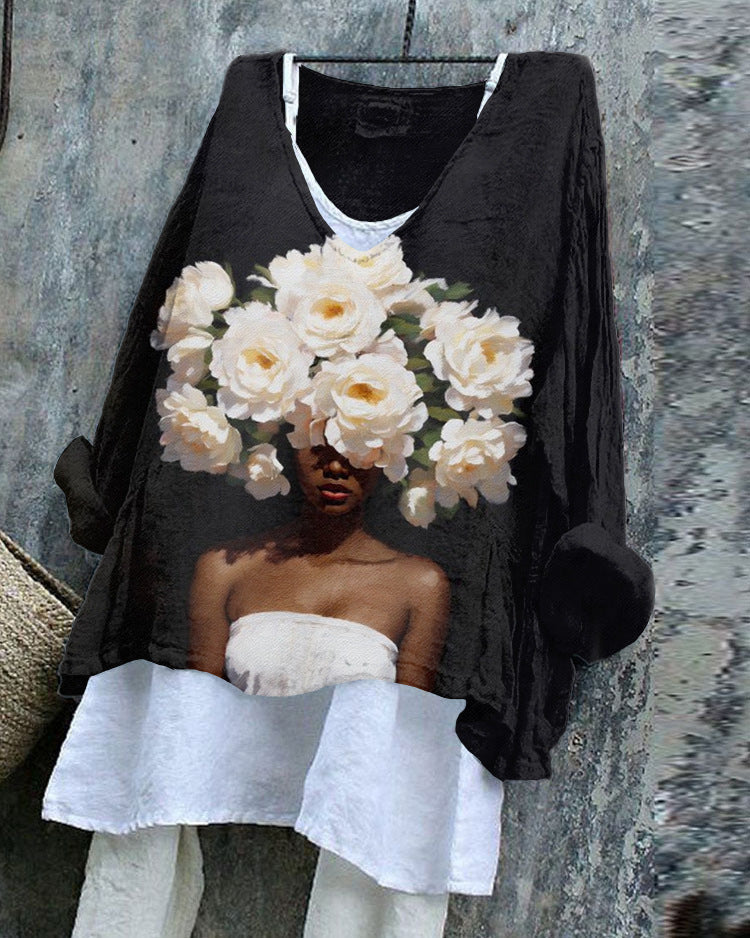 Chemise à col V et manches longues pour printemps-été, artistique, rétro et à coupe décontractée