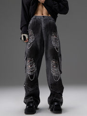 Jean de travail décontracté rétro en denim délavé, avec perles et pièces métalliques