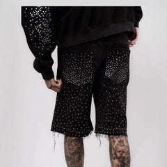 Short en jean à jambe droite orné de strass
