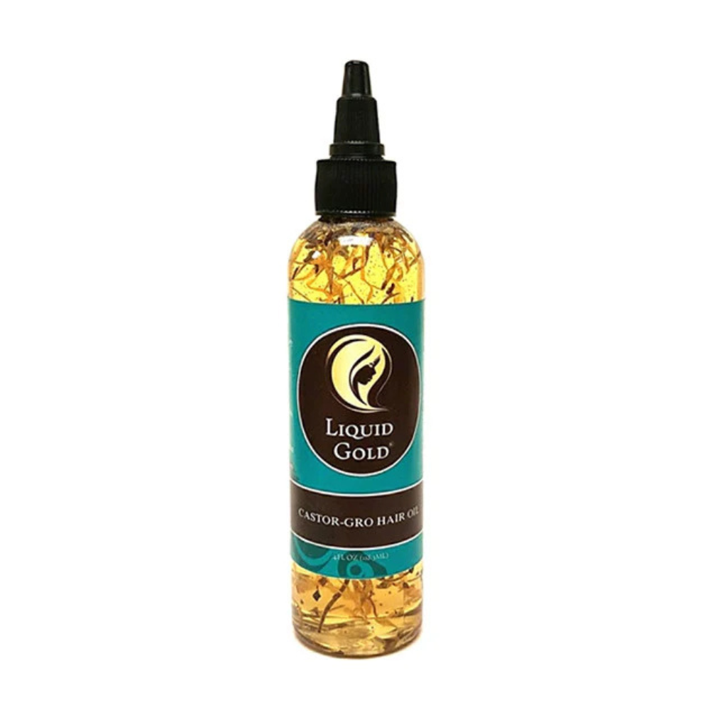 Liquid Gold Castor Gro 4oz herbal hair growth oil with visible botanicals for thicker hair.