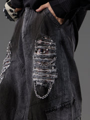 Jean de travail décontracté rétro en denim délavé, avec perles et pièces métalliques