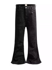 Jean en denim de style américain, coupe ajustée à bords bruts, plissé et légèrement évasé
