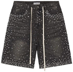 Short en jean à jambe droite orné de strass