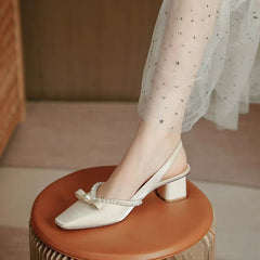 Women Block Heel Closed Toe Sandals, 2026 Summer New Fashion Square Toe Back Strap Pearl Fairy Style High Heel Pumps