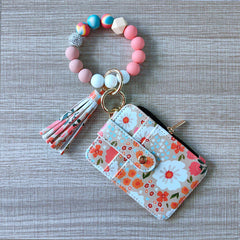 Womens Silicone Bead Bracelet Keychain Cardholder