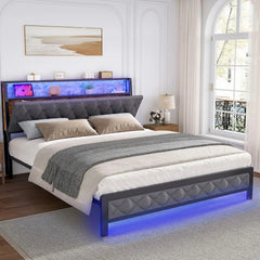Queen Size Bed Frame with Storage Headboard and Charging Station, Upholstered Bed Frame Queen Size with LED Lights, Platform Bed
