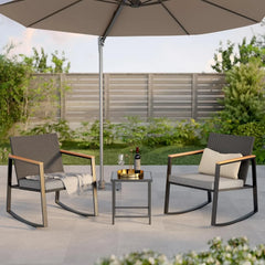 3 Pieces Rocking Patio Bistro Set with Anti-Scald Armrest, Outdoor Patio Wicker Furniture Set with Glass Table and Cushio