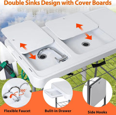 Fish Cleaning Table with Sink, 42.4" Width Portable Folding Camping Table, Outdoor Fish Cleaning Station with Grid Rack and