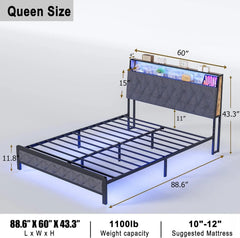 Queen Size Bed Frame with Storage Headboard and Charging Station, Upholstered Bed Frame Queen Size with LED Lights, Platform Bed