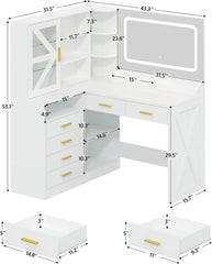 L-Shaped Corner Vanity Desk with LED Lighted Mirror & Charging Station, White Makeup Vanity with 6 Drawers & Sliding RGB Cabinet