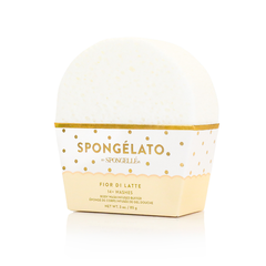 gelato body wash sponges in a white Fior di Latte infused buffer package with gold polka dots.