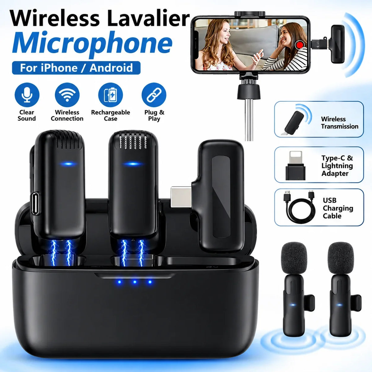 Wireless Lavalier Microphone Mini Clip On Mic With Charging Case Compatible With iPhone Android Live Streaming Video Recording Vlog