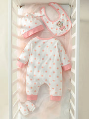 4PCS  Newborn Baby girl lovely and sweet Polka dot printingPatch Bear  autumn Cute jumpsuits+Hat+Bib