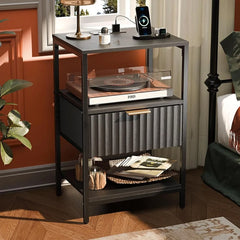 Black Nightstands Set of 2 with Fabric Drawers, Fluted Nightstands with Charging Station, Night Stand Set of 2, Small Bedside Ta
