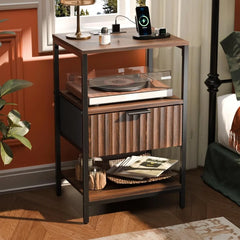 Black Nightstands Set of 2 with Fabric Drawers, Fluted Nightstands with Charging Station, Night Stand Set of 2, Small Bedside Ta
