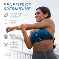 spermidine drops supplement benefits illustration featuring a woman stretching, highlighting healthy aging and cellular rejuvenation.