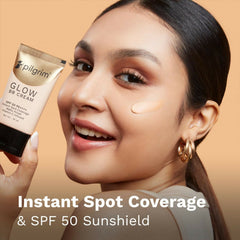 Crema BB Pilgrim Glow SPF 50 PA++++, cobertura instantánea de manchas, acabado mate, enriquecida con vitamina C - Honey Glow