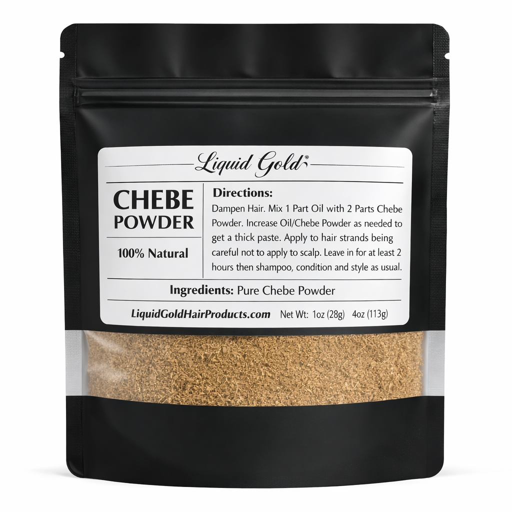 Liquid Gold 100% natural African Chebe powder for hair growth in a black pouch