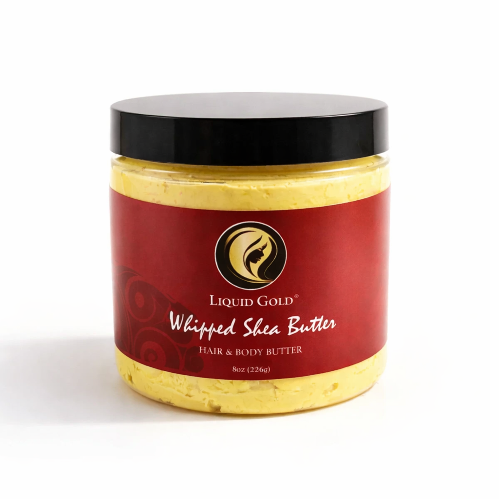8oz jar of Liquid Gold honey whipped shea butter for hair and body with a red label.