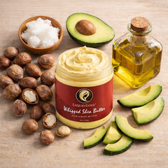 8oz jar of Liquid Gold honey whipped shea butter for hair and body, surrounded by shea nuts, avocado, and nourishing oil.