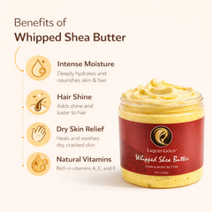 Liquid Gold honey whipped shea butter benefits: intense moisture, hair shine, dry skin relief, and natural vitamins A, E & F.