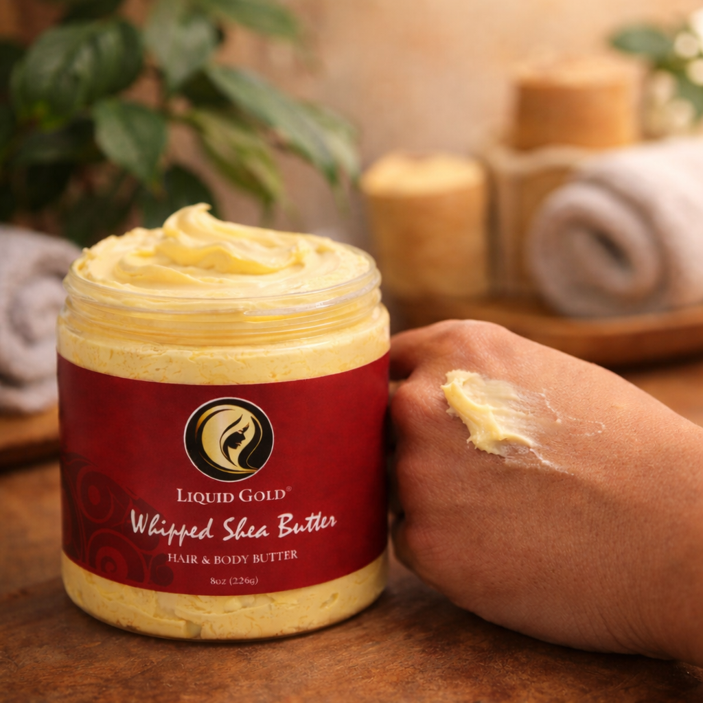 Open 8oz jar of Liquid Gold honey whipped shea butter with a dollop applied to a hand showing its creamy texture.