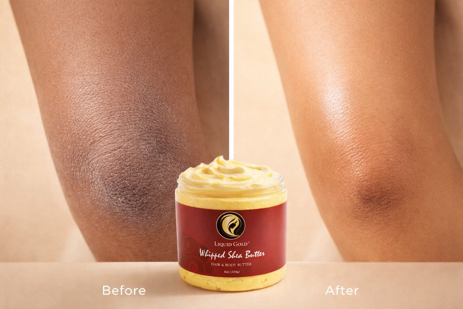 Before and after dry skin moisturizing results with an 8oz jar of honey whipped shea butter.