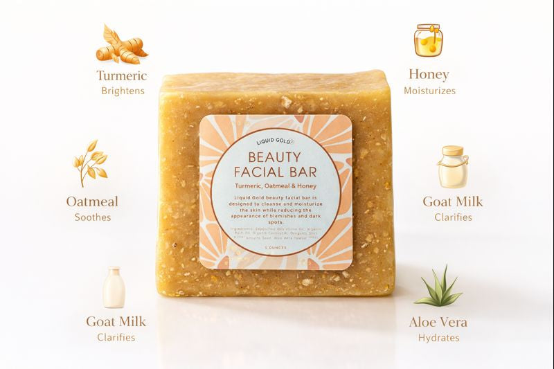 Liquid Gold turmeric honey facial bar showing key ingredients: turmeric, oatmeal, honey, goat milk, and aloe vera.