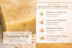 Benefits of Liquid Gold turmeric honey facial bar: brightens complexion, calms acne, hydrates, and gently cleanses skin.