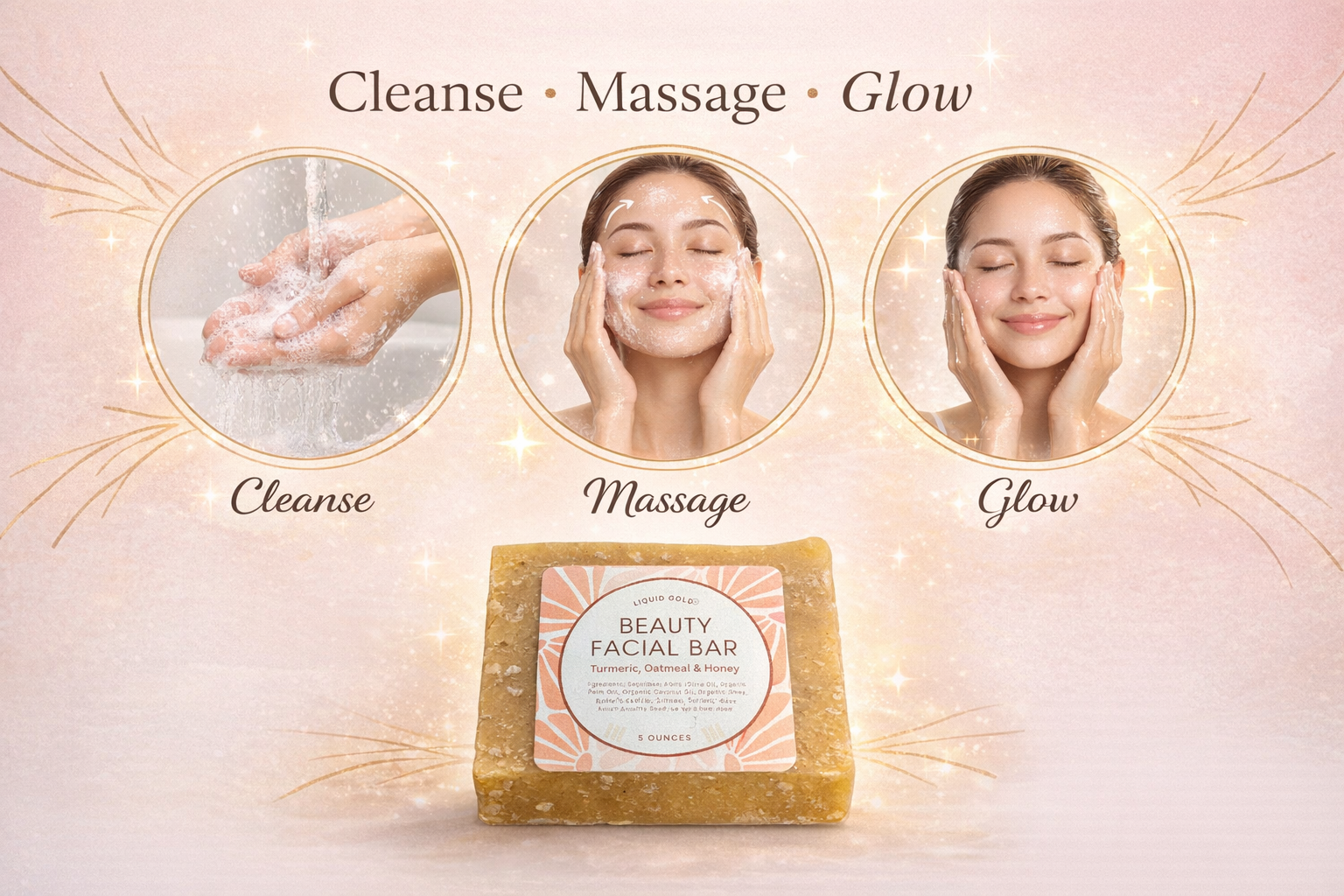 Steps to cleanse, massage, and glow using our turmeric honey facial bar for radiant skin.