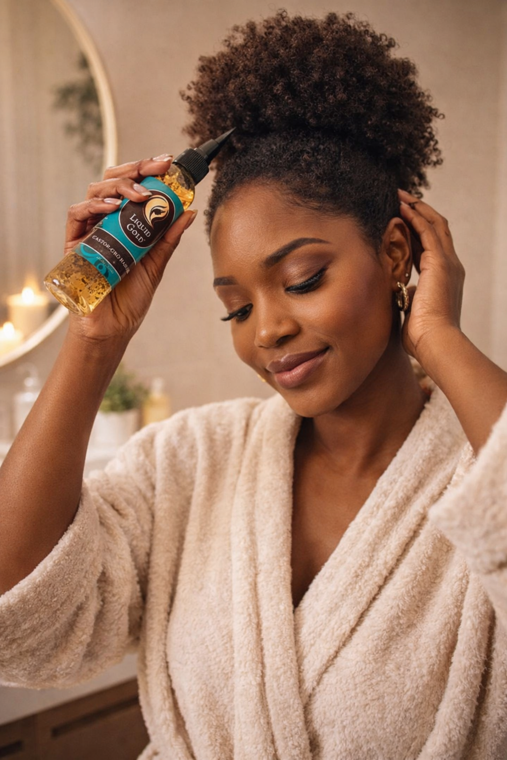 Woman applying Liquid Gold Castor Gro herbal hair growth oil to her scalp for thicker, longer natural hair.