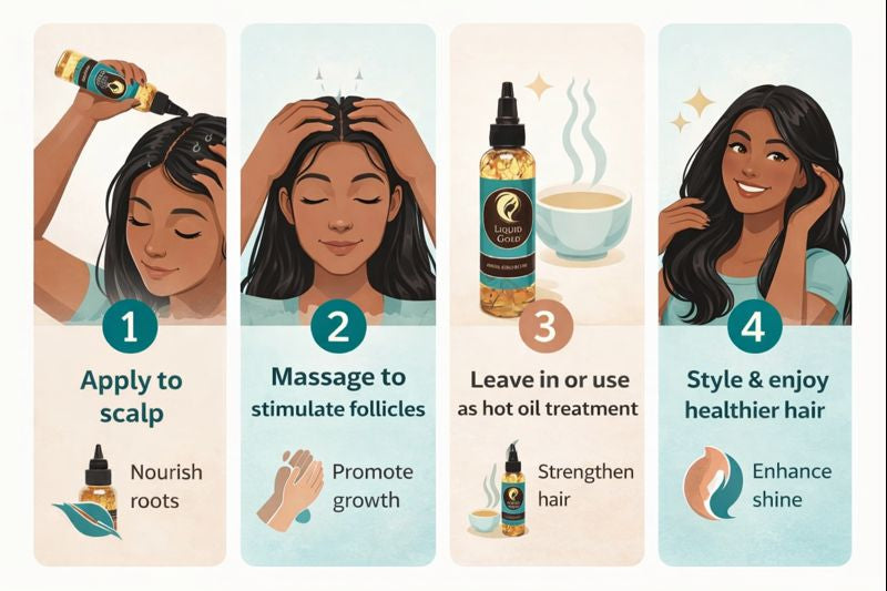 4 steps to use Castor Gro herbal hair growth oil: apply to scalp, massage, leave in or use as hot oil treatment, and style.