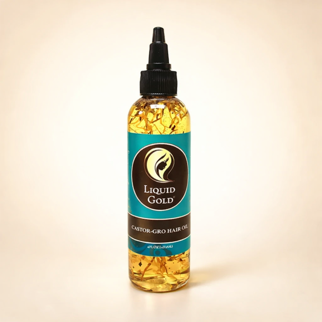4oz Liquid Gold Castor Gro herbal hair growth oil infused with herbs for thicker, longer hair.