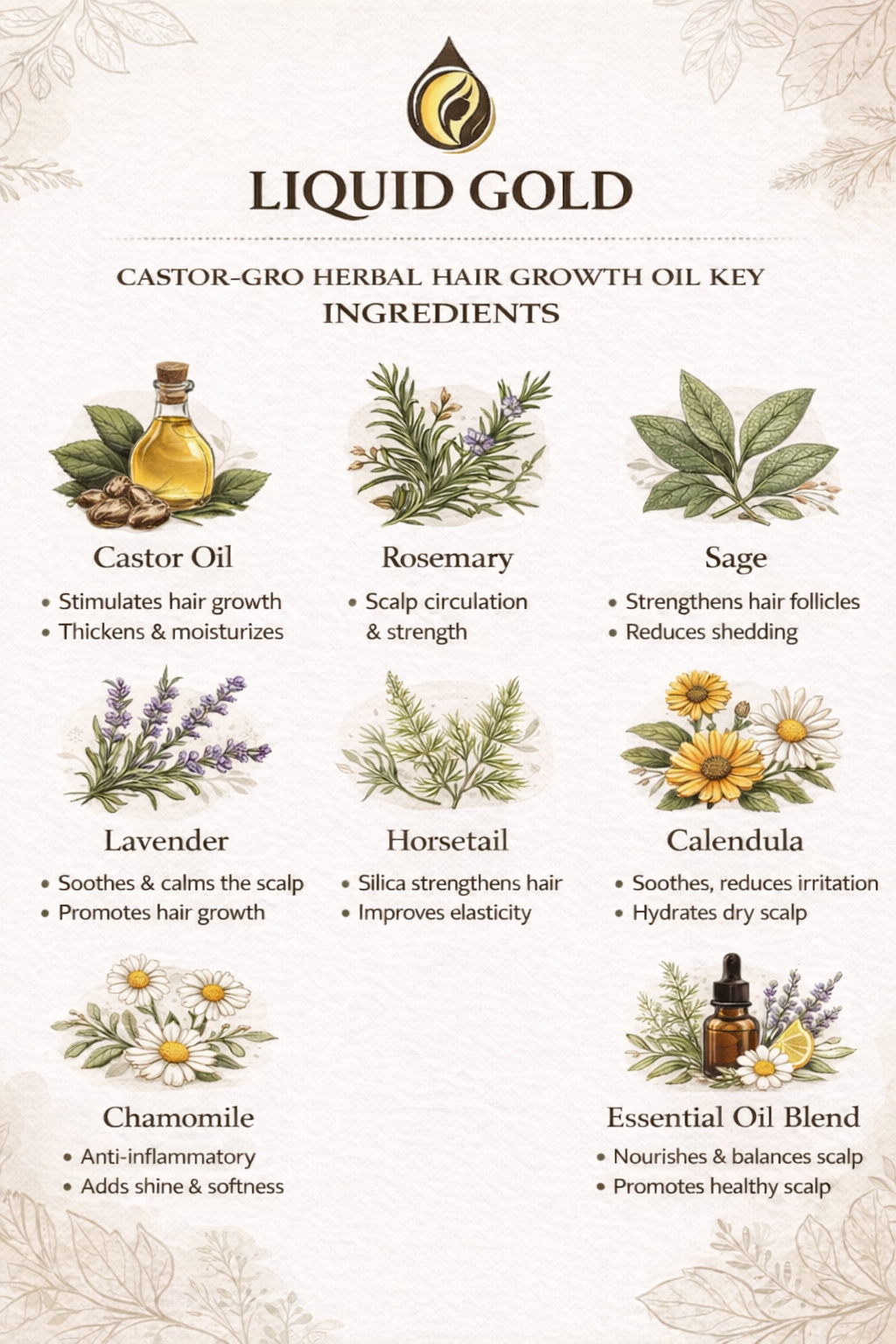 Key ingredients of Liquid Gold Castor Gro herbal hair growth oil, featuring castor oil, rosemary, and sage for scalp nourishment.