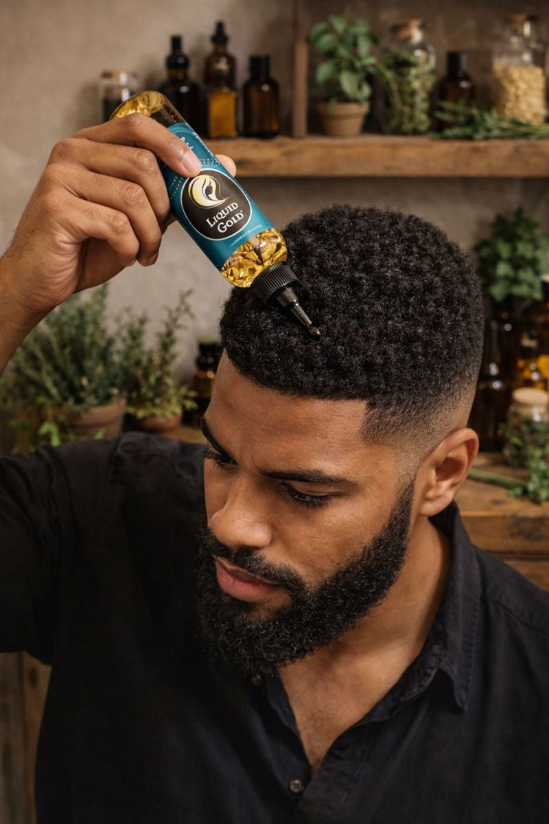 Man applying Liquid Gold Castor Gro herbal hair growth oil directly to his scalp to promote thicker, healthier hair.