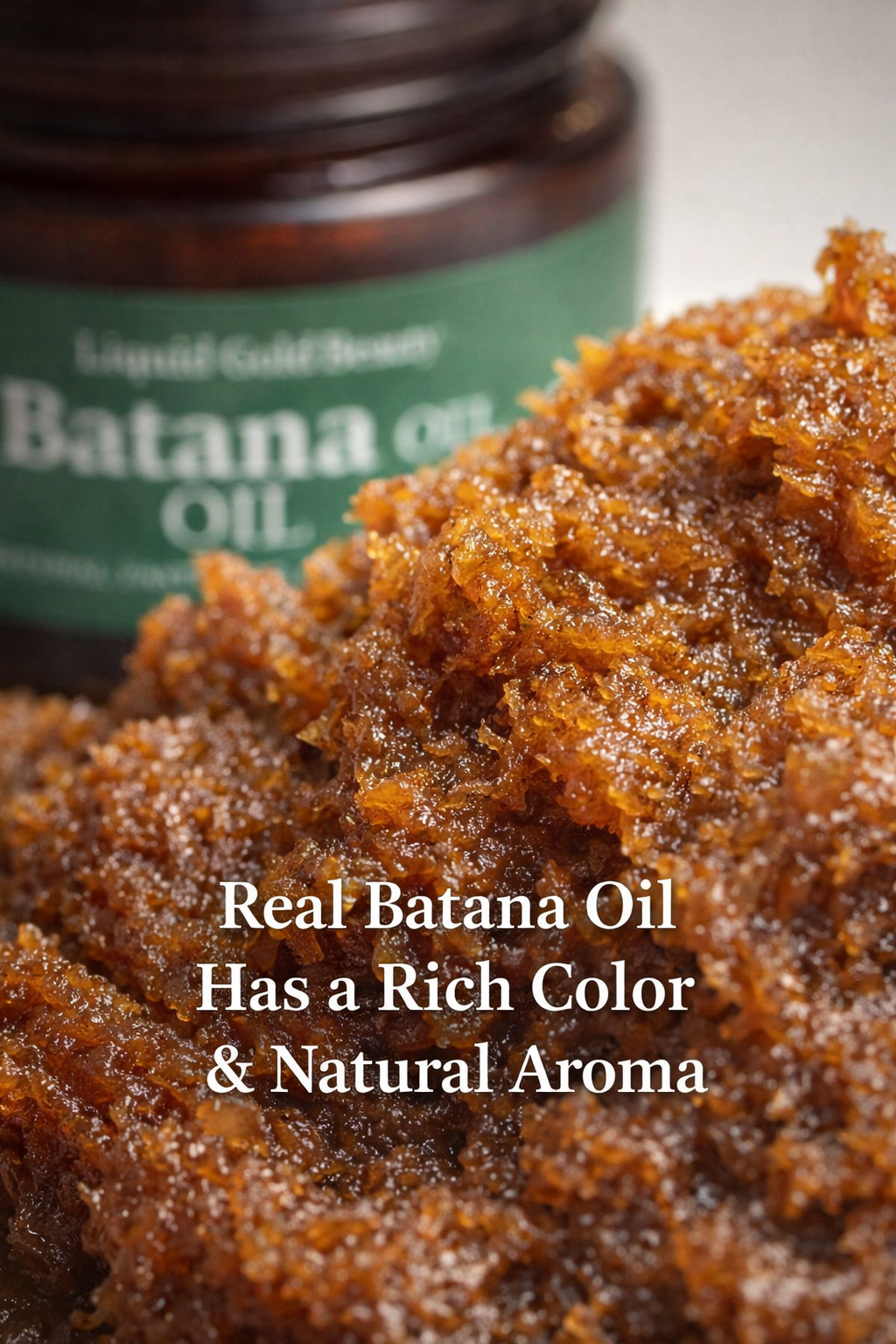 Close-up of authentic raw batana oil showing its rich color and natural aroma for dry hair.