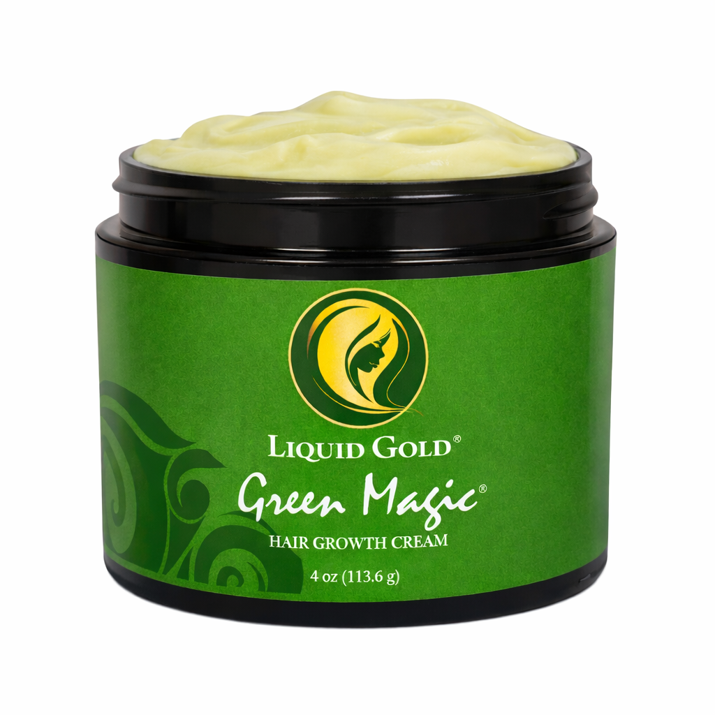 Open jar of Liquid Gold Green Magic hair growth cream showing the pale green formula that strengthens and moisturizes thinning edges.