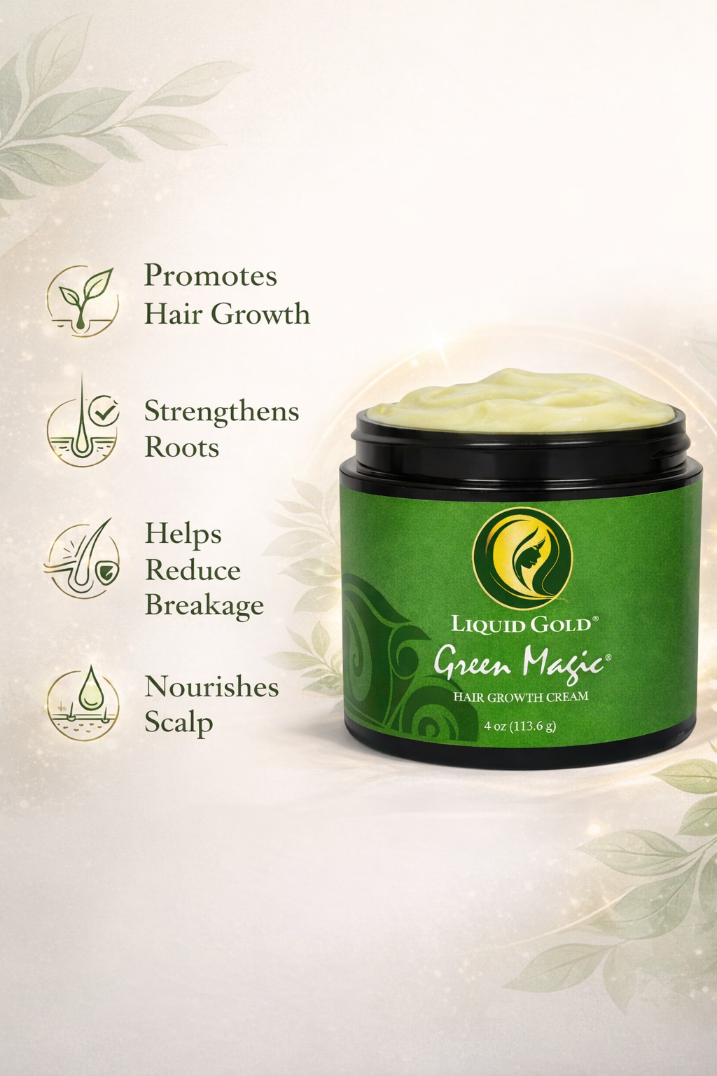 Green Magic hair growth cream jar with text: Promotes hair growth, strengthens roots, helps reduce breakage, and nourishes scalp.