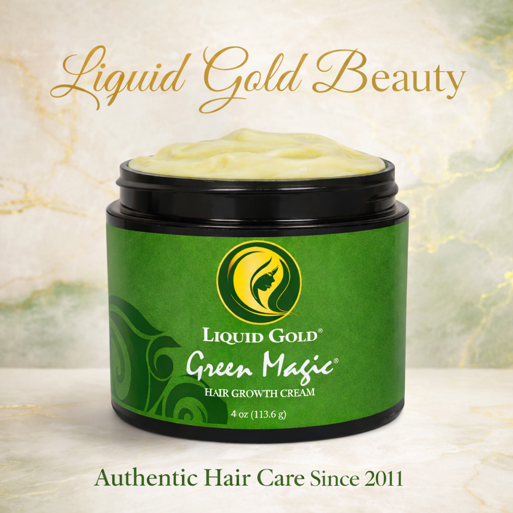 Open jar of Green Magic hair growth cream by Liquid Gold Beauty, formulated to strengthen and moisturize thinning hair.