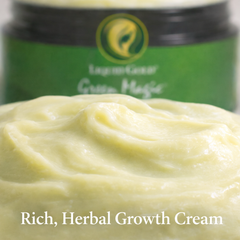 Close up of Green Magic hair growth cream texture. A rich, herbal formula to moisturize, strengthen, and support length retention.